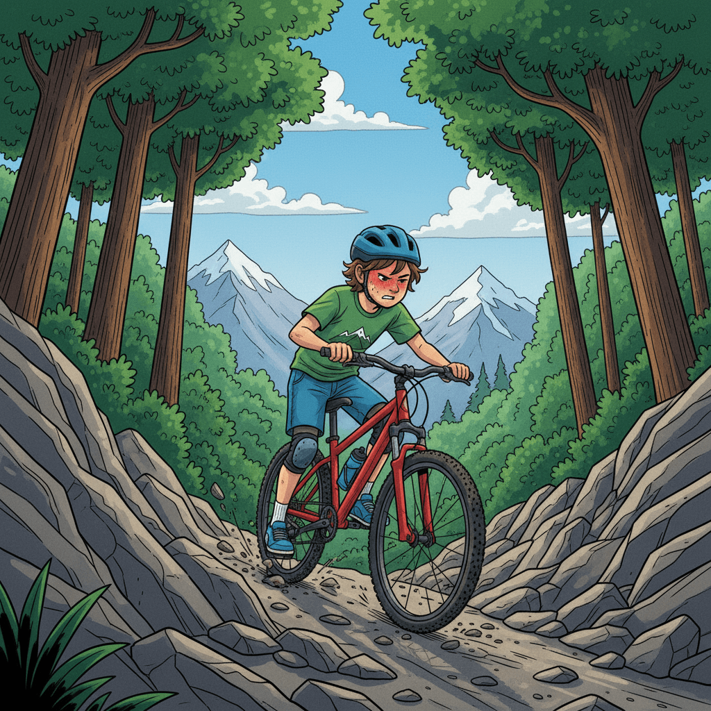 The trail grew steeper and more challenging, but Charly refused to let it slow him down. He stood on the pedals, pushing his bike up the rugged terrain, his legs burning with every pedal stroke.
