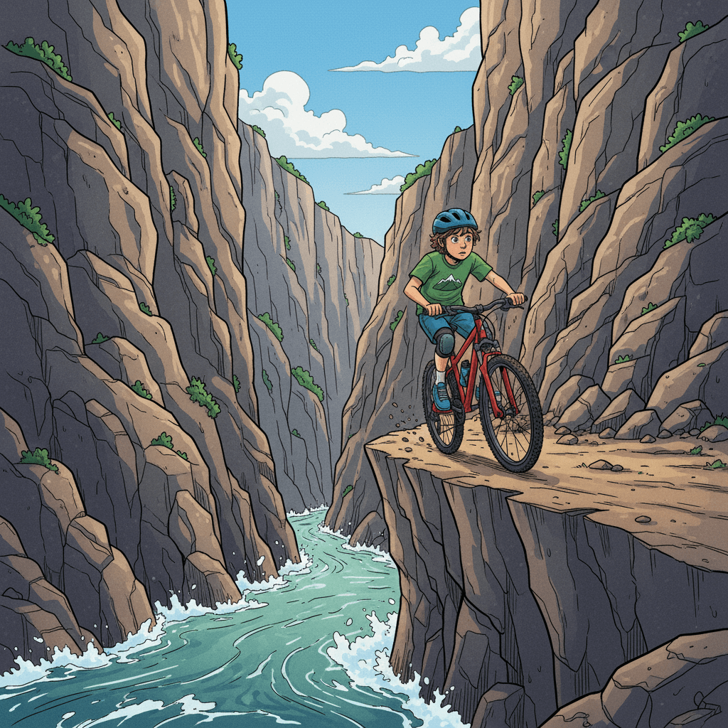 The trail grew more challenging as Charly descended into a deep canyon, the walls of rock towering high above him. He gripped his handlebars tightly, navigating the treacherous path with a mix of caution and excitement.