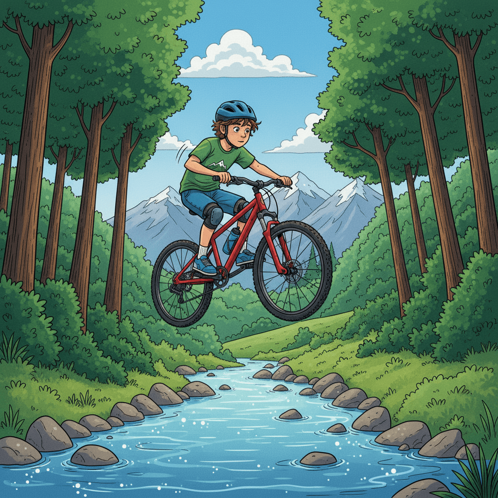 Suddenly, Charly spotted a small stream cutting across the trail. Without hesitation, he pedaled harder, launching his bike into the air and clearing the obstacle with ease. The rush of adrenaline coursed through his veins as he landed safely on the other side.