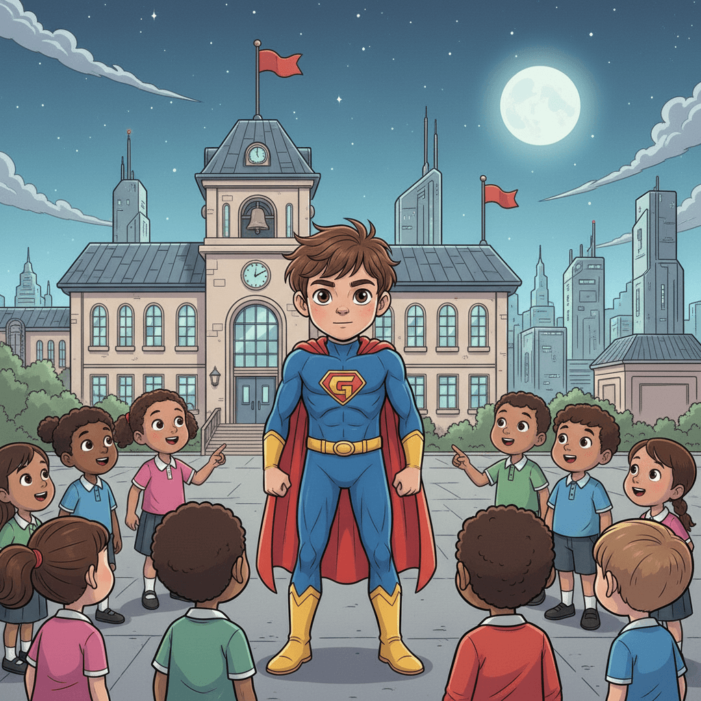 The people in Georges' city were so grateful for their young superhero that they even invited him to speak at the local school. The children were amazed to hear about his adventures and asked him all sorts of questions about his powers.