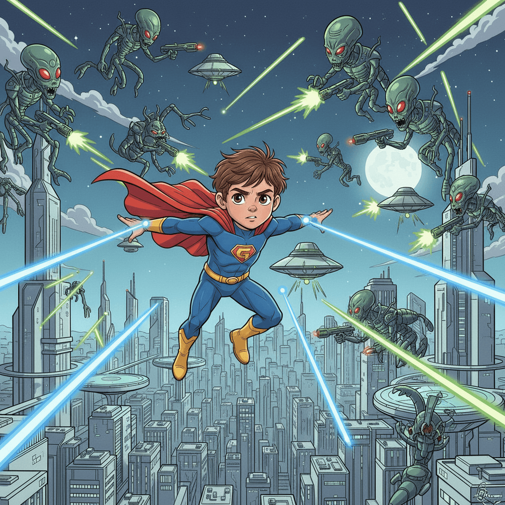 Georges quickly flew up to the spaceships and started using his laser beams to blast them out of the sky. The aliens tried to shoot back, but Georges was too fast and too strong for them.