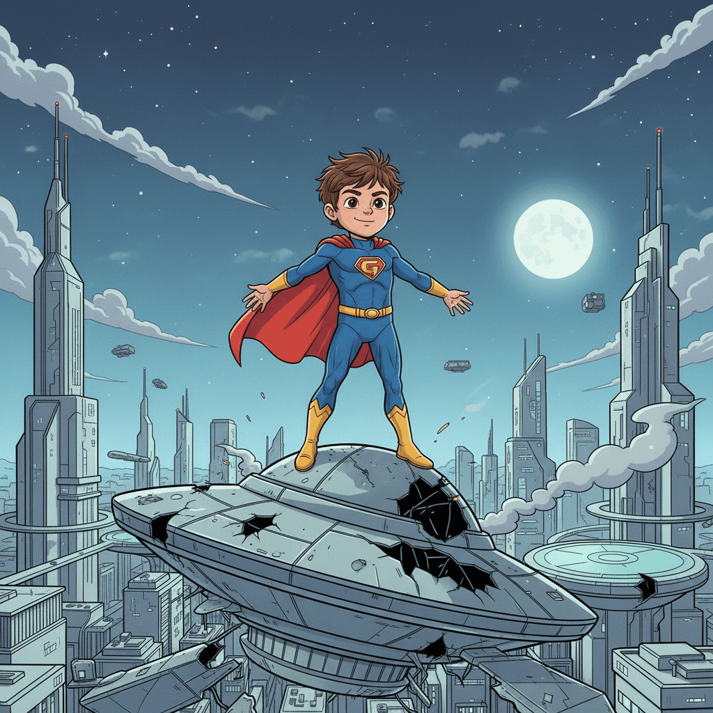 After a long battle, Georges managed to defeat all the aliens and save the city. The people cheered and celebrated their hero, the amazing Super Georges!