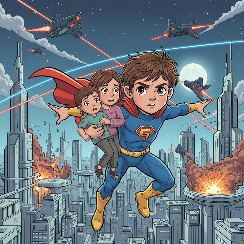 While fighting the aliens, Georges also made sure to rescue the people in the city. He carefully carried them to safety, using his super strength to move heavy debris and rubble out of the way.