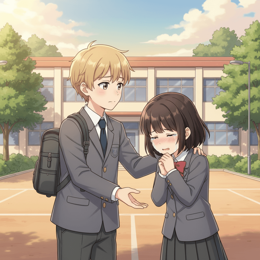 Later, Yan saw another student crying. He went over and asked if they were okay, and gave them a hug to make them feel better.