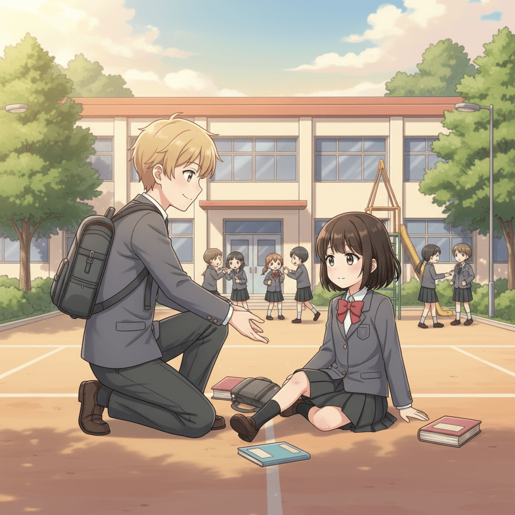 At recess, Yan saw another student fall and scrape their knee. Yan went over to help them up and make sure they were okay.