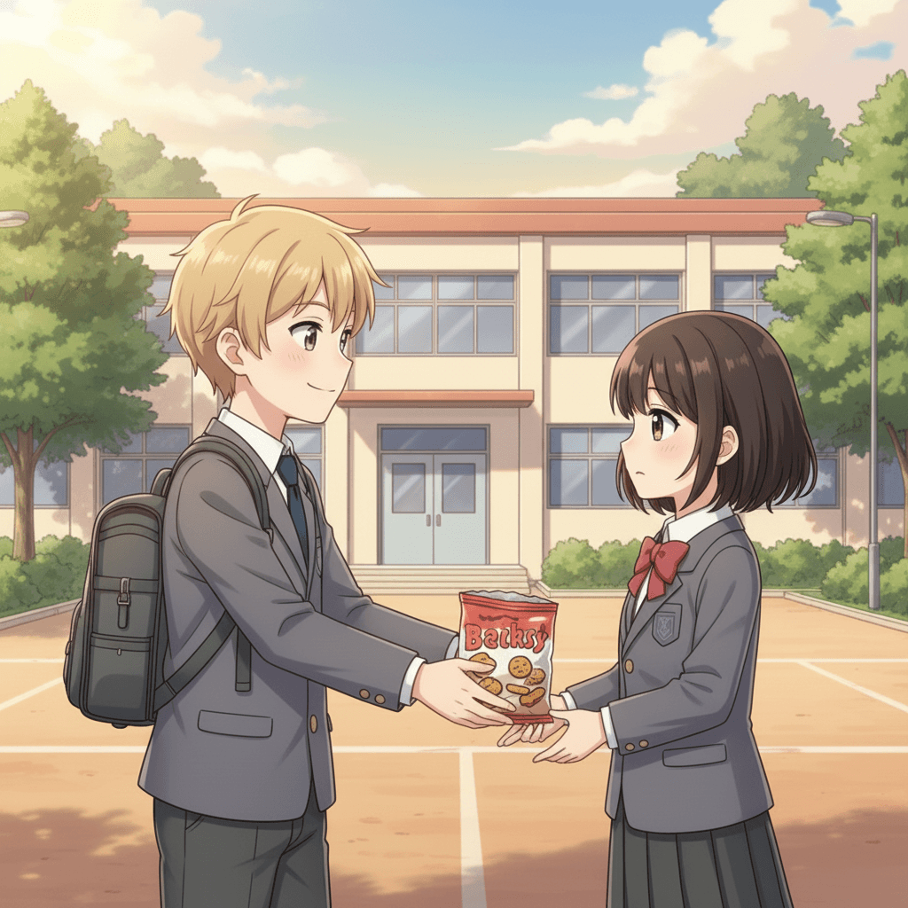 During snack time, Yan noticed one of his classmates didn't have anything to eat. Yan offered to share his snack with them.