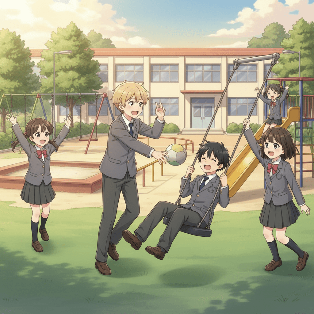 At the end of the day, Yan made lots of new friends. They all played together on the playground and had a great time.