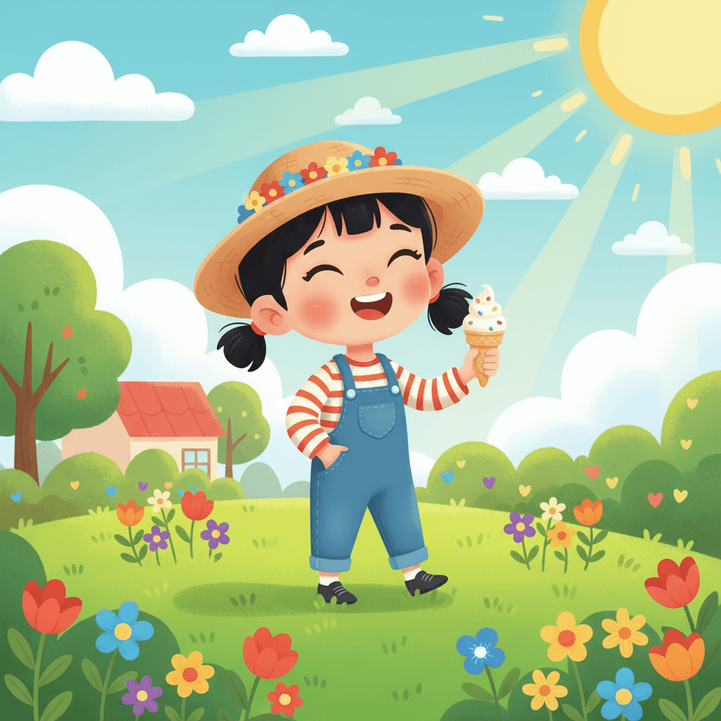 Summer arrives with big golden sunshine! Lou plays in her backyard with lots of bright flowers. She wears a sun hat and loves to run and play with her friends. Cool ice cream treats make her smile.