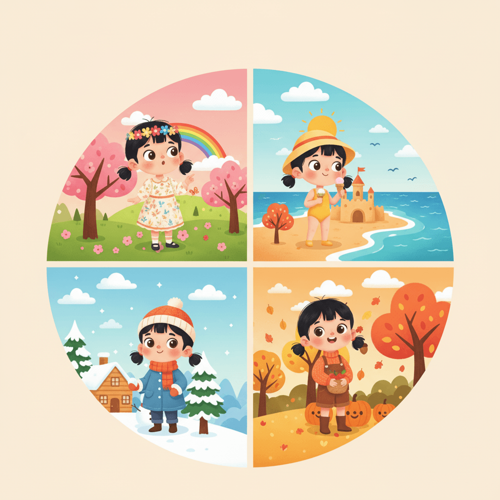 Lou discovers that each season has something wonderful to enjoy. Spring has new flowers, summer has warm sunshine, autumn has colorful leaves, and winter has magical snow.