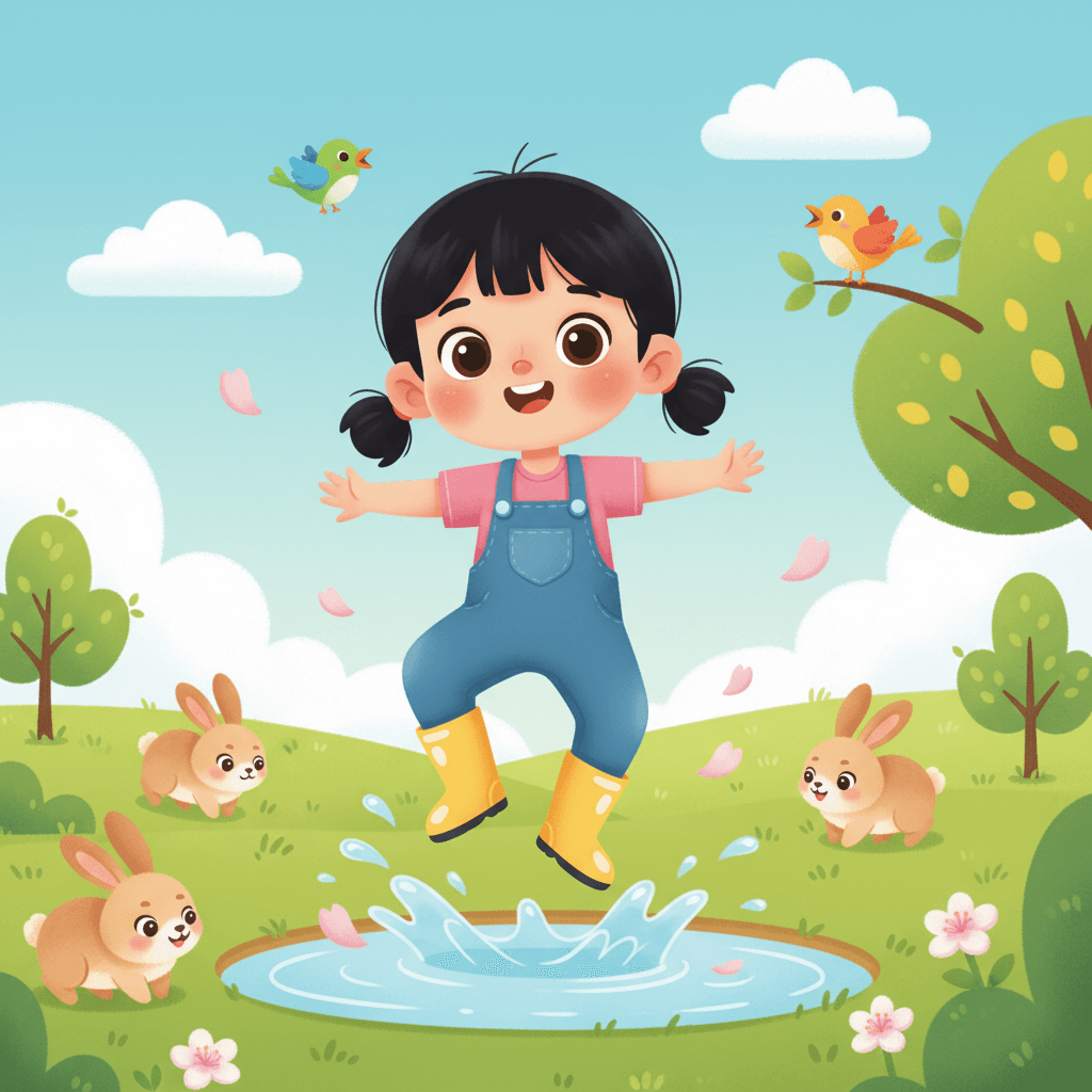 Spring is here! Flowers are blooming everywhere. Tiny green leaves pop out on trees, and cute baby animals play in the warm sunshine. Lou loves to splash in puddles and look at colorful flowers.