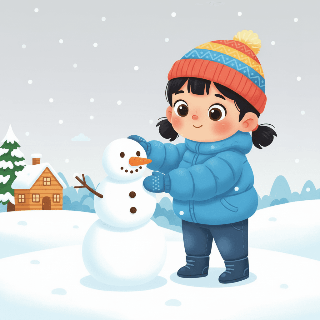 Winter brings soft, white snow! Lou builds her first snowman with a carrot nose and button eyes. She makes snow angels and wears a warm, cozy jacket. Everything looks sparkly and peaceful.