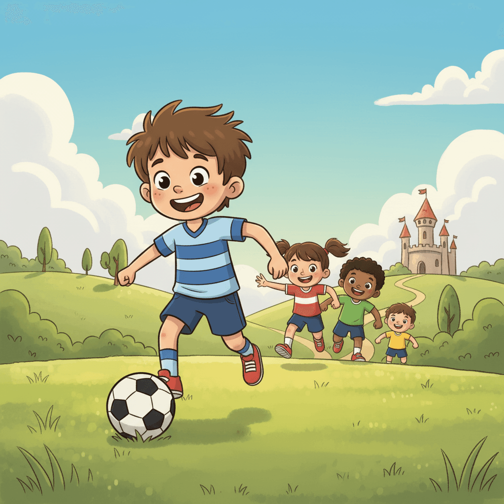 One day, Toto's school had a football match. Toto was nervous, but he ran onto the field and started dribbling the ball towards the goal.