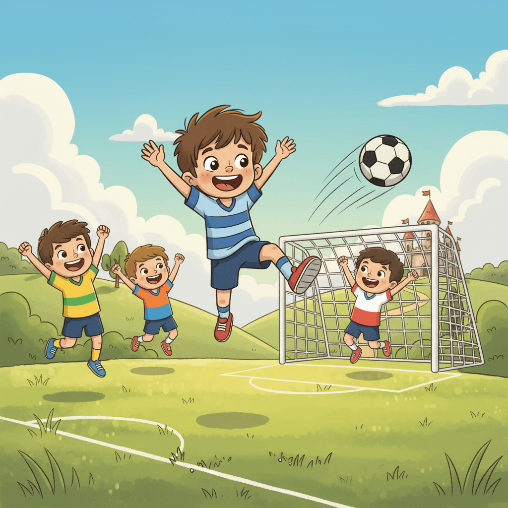 Toto kicked the ball and scored a goal! His teammates were so proud of him. Toto had worked hard, and it had paid off.