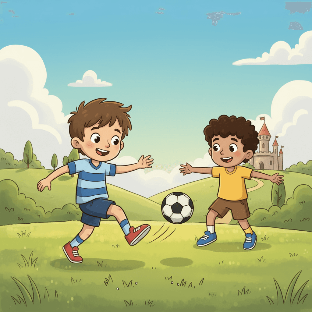 Toto's friend came over, and they started playing a game of football together. Toto was getting better at passing and teamwork.