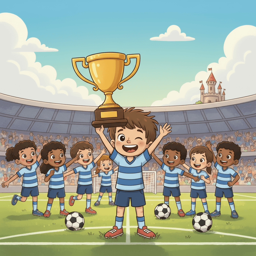 Finally, Toto's team won a big football tournament. Toto was so proud to hold the trophy high, surrounded by his friends. He had come a long way from that day when he didn't know how to play football.
