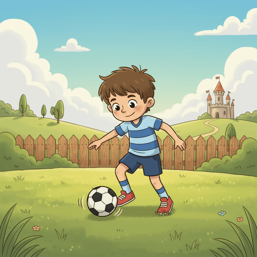 After reading the book, Toto went outside to practice dribbling the football. He worked hard, trying to control the ball and keep it close to his feet.