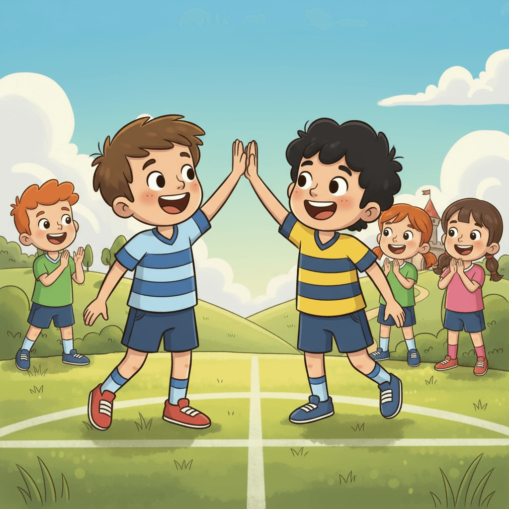 After the match, Toto's team celebrated their victory. Toto felt proud of himself for learning to play football so well.