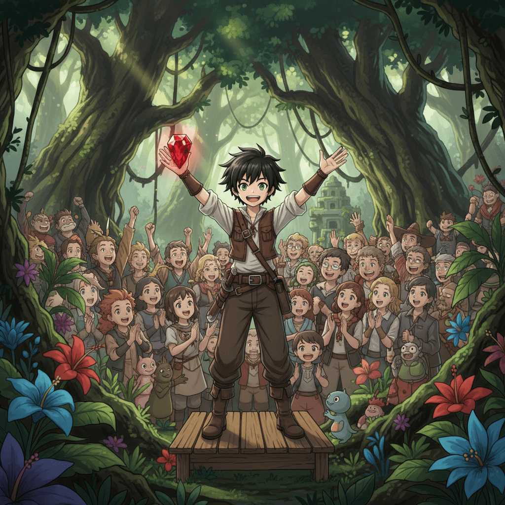 News of George's remarkable feat quickly spread, and he was hailed as a hero by his community. With the ruby in his hands, he now had the means to continue his quest for adventure, eager to uncover more of the world's ancient secrets.