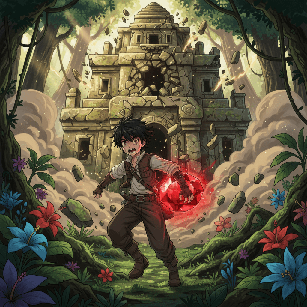 But just as George's fingers closed around the ruby, the temple began to shake and tremble. Realizing he had triggered a ancient mechanism, he quickly turned and dashed towards the exit, narrowly escaping as the temple collapsed behind him.