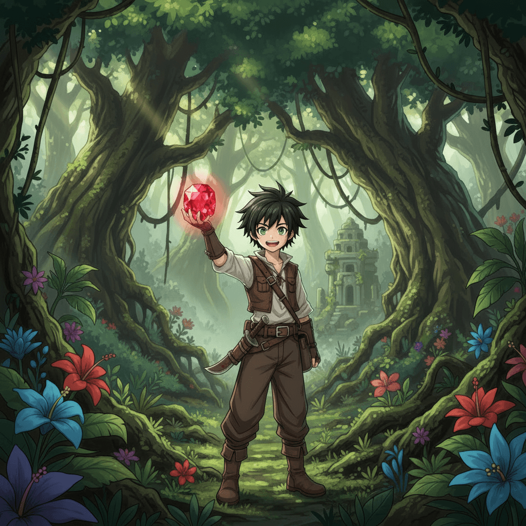 Bruised and weary, but with the ruby safely in his possession, George emerged from the jungle, his dream of adventure fulfilled. As he gazed upon the glittering gem, he knew this was only the beginning of his journey as a fearless explorer.