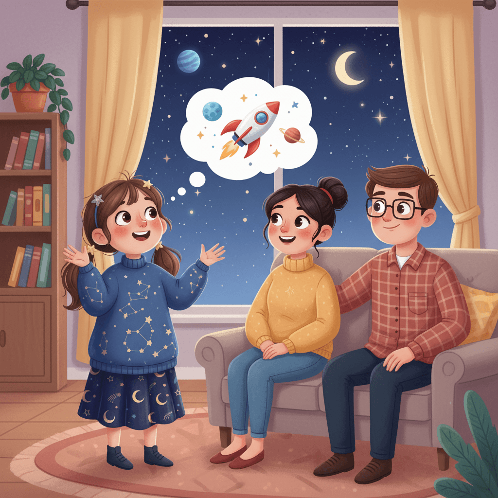 One day, Lucie gathered the courage to tell her parents about her dream of becoming an astronaut. At first, they were surprised, but then they saw the excitement in her eyes and promised to support her in any way they could.