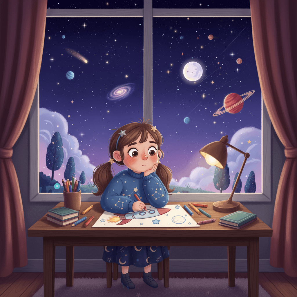 Lucie loved looking up at the night sky and dreaming of going to space. She would spend hours drawing rocket ships and imagining what it would be like to float in zero gravity.