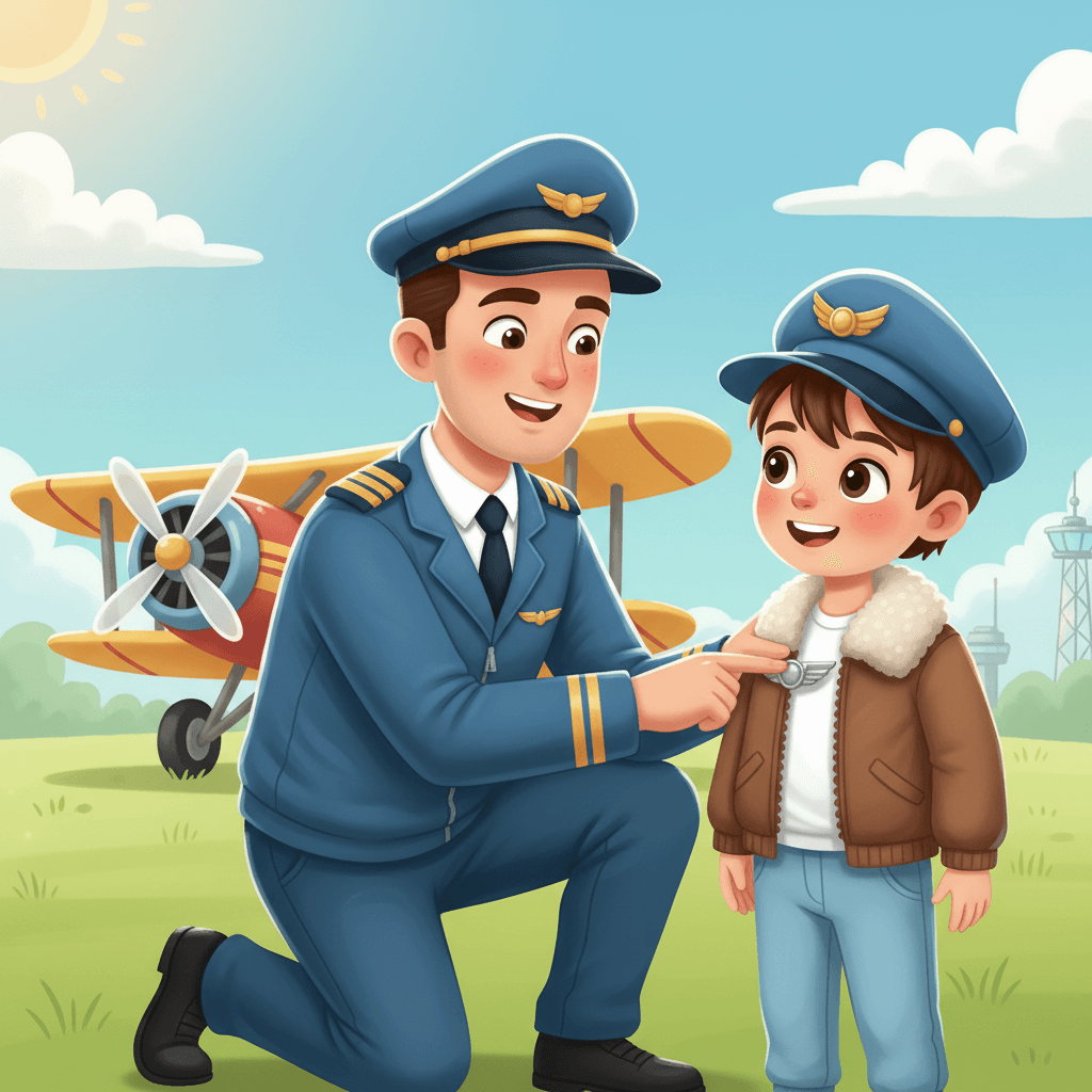 In Spain, Théo met a real pilot who showed him around an airplane. The pilot told him stories about flying and gave Théo a special pilot's wings pin. Théo was so proud and wore the pin everywhere!