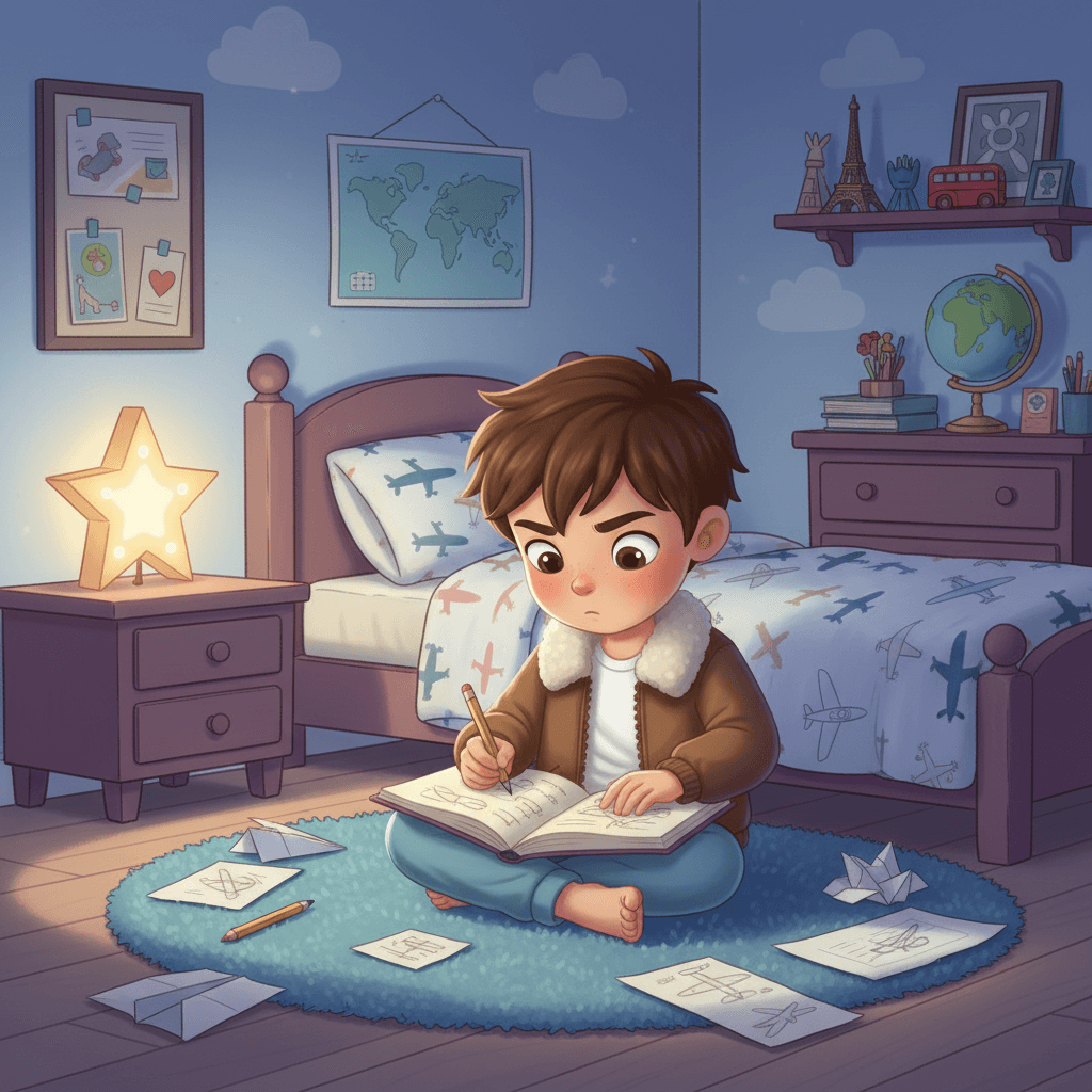 At night, Théo would draw pictures of airplanes in his travel journal. He wrote about the amazing things he saw and the new friends he made. His parents watched him with pride and love.