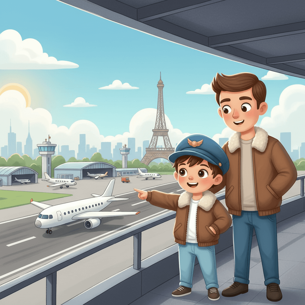 Their first stop was Paris, France. Théo saw the big airports and watched planes taking off and landing. He asked his dad lots of questions about how airplanes work. His dad explained everything with a big smile.