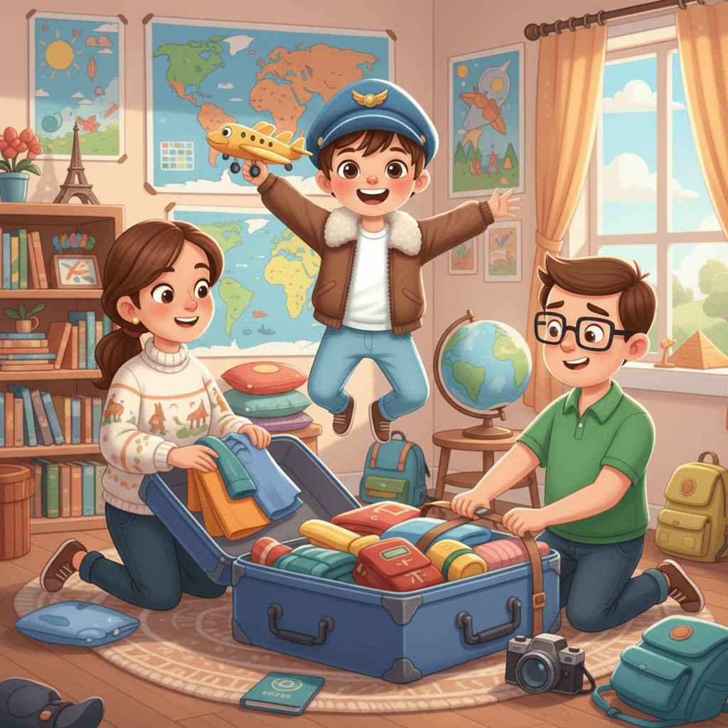 Théo's parents noticed his love for flying and decided to take him on a special trip to Europe. They packed his favorite backpack and talked about all the exciting places they would visit. Théo could hardly contain his excitement!