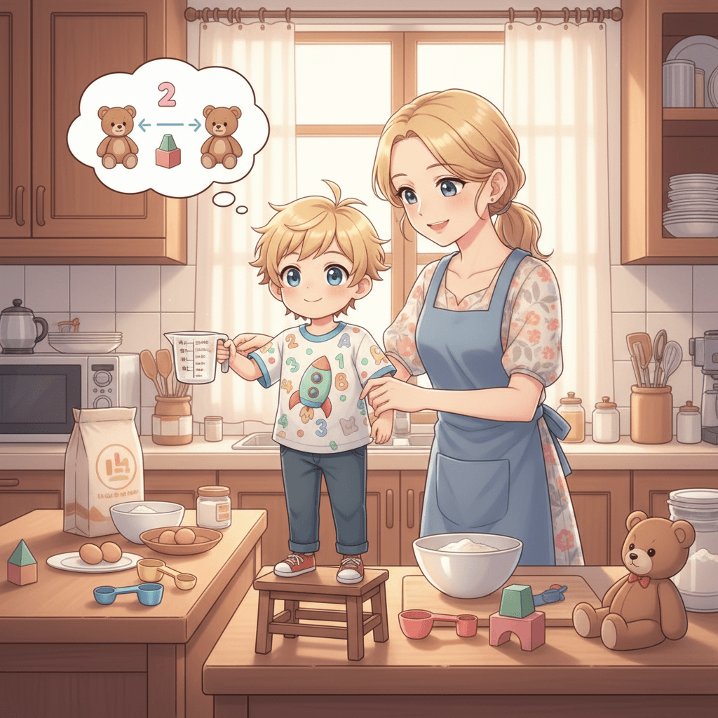 Mom says math is everywhere - in cooking, playing, and even when I'm sharing toys with my friends!