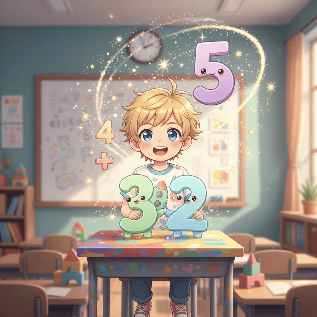 My teacher showed me that when we add numbers, it's like making a big happy family of numbers. Two friends can come together and become an even bigger friend!