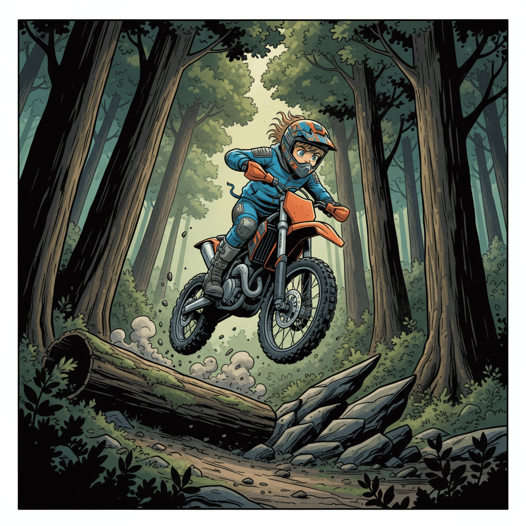 Today, Mr. Giroud was determined to find a new, even more thrilling route. He weaved his bike through the dense forest, his blonde hair and blue eyes focused intently on the path ahead.