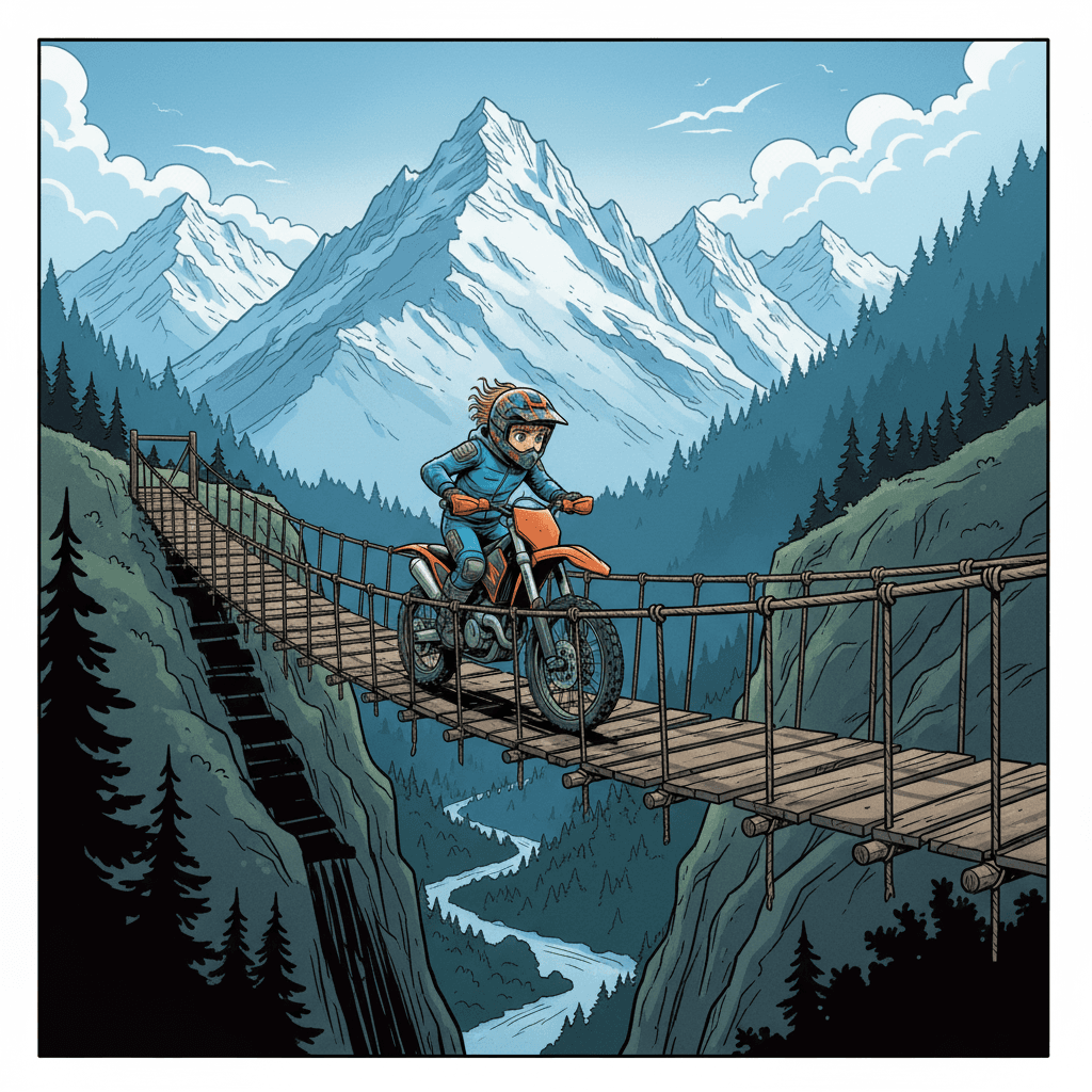 Determined to explore further, Mr. Giroud pedaled his bike across a narrow suspension bridge, high above a deep, rugged gorge. He kept his focus, carefully balancing his bike and crossing the bridge with confidence.