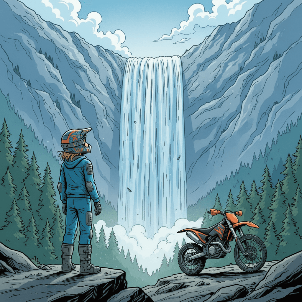 As he rode deeper into the mountains, Mr. Giroud came across a breathtaking waterfall, its roaring waters cascading down the cliffs. He stopped to take in the sight, marveling at the power and beauty of nature.