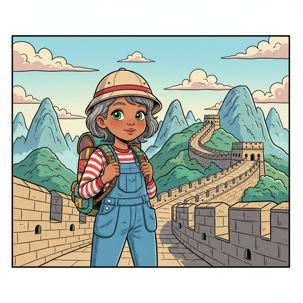 First stop: The Great Wall of China! Wow, this wall is so long it looks like a giant snake sleeping across the mountains. I'm learning that it was built to protect people a very long time ago.