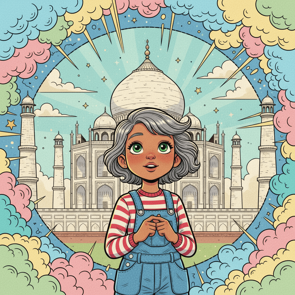 Next, I'm visiting the magical Taj Mahal in India! It's a beautiful palace made of white marble that shines like a giant pearl. Did you know it was built to show how much someone loved someone else?