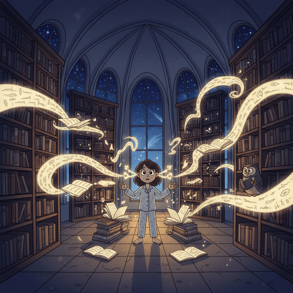 As the full moon shone through the library windows, the books around Julie began to stir and whisper their stories into the night air. Julie listened carefully, her eyes wide with wonder, as the words danced around her.