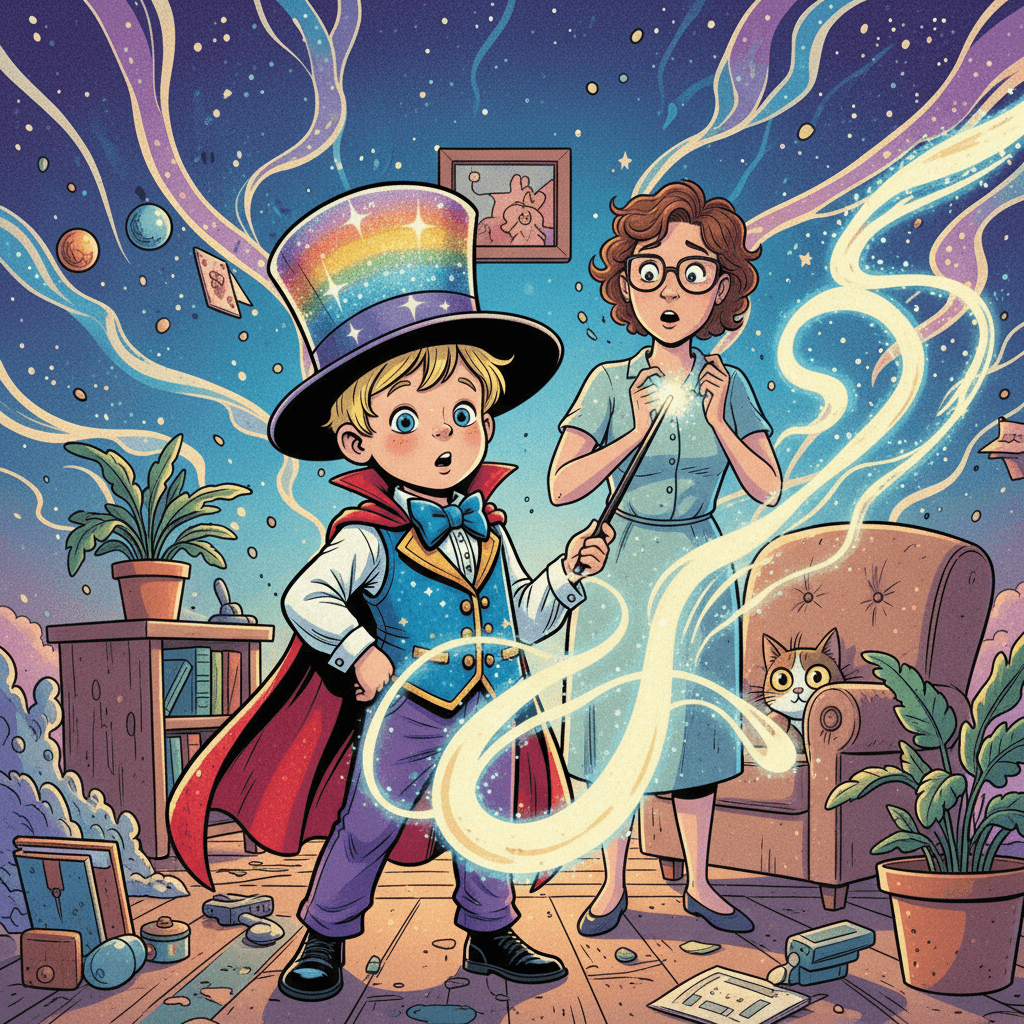 His first magical mission was to help Mrs. Thompson find her lost cat. With a wave of his magic wand, he made sparkly cat-finding magic appear!