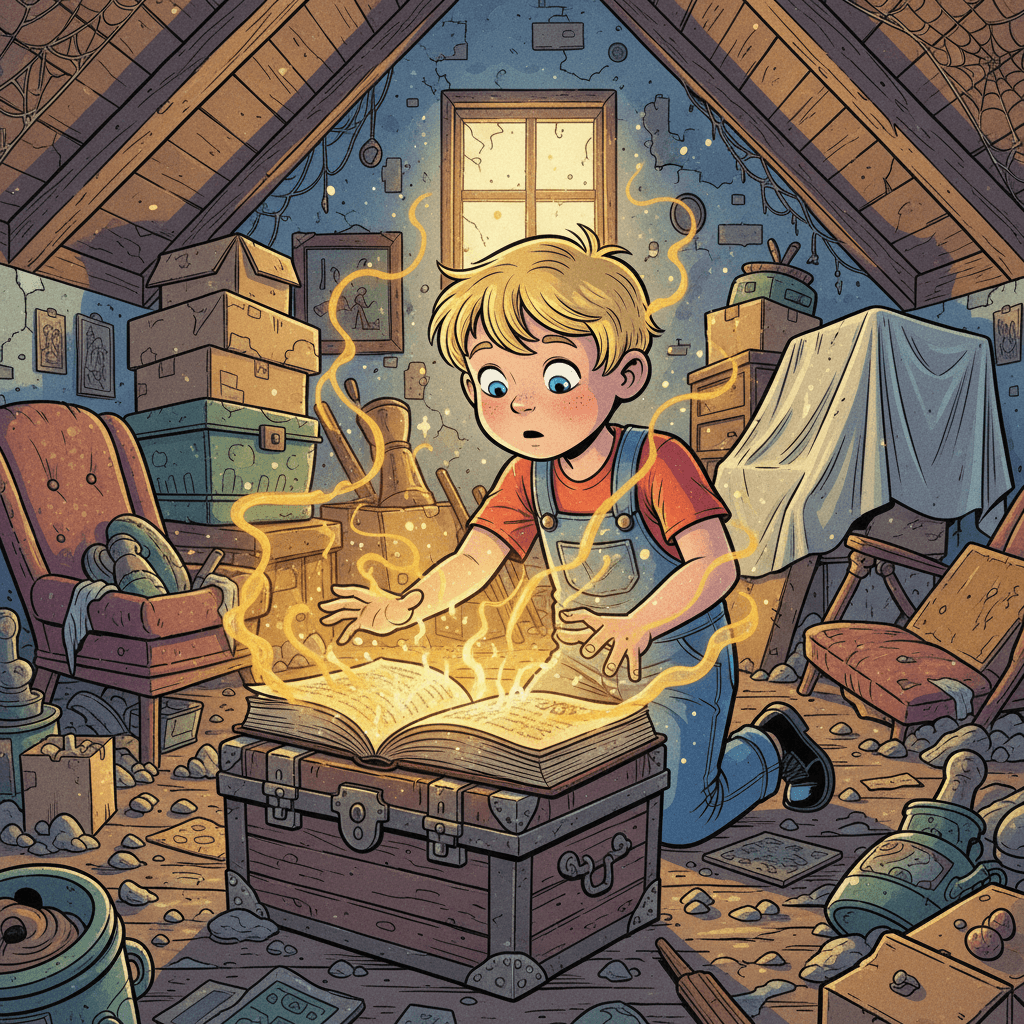 One morning, Noah found a mysterious old magic book hidden in his grandpa's attic. The book was covered in shiny golden letters and seemed to sparkle with excitement.