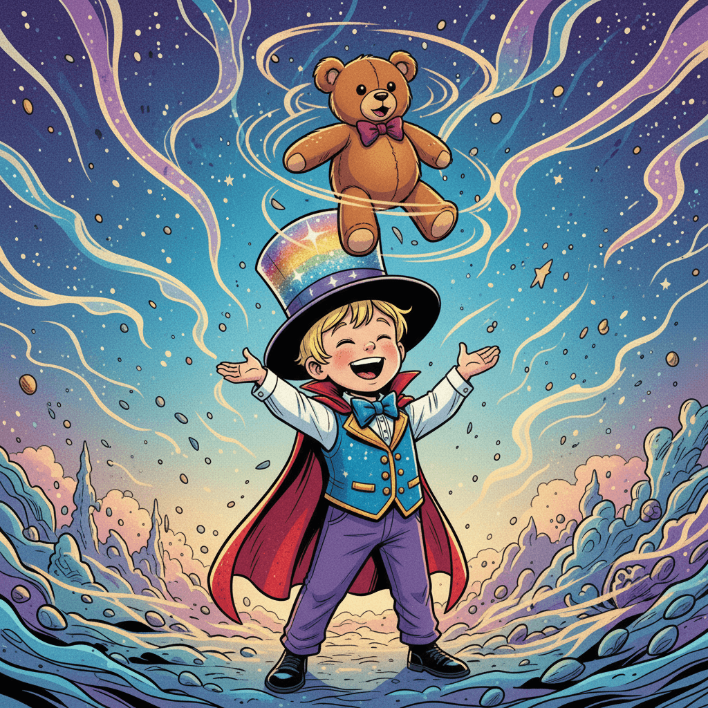 His first magical trick was making his teddy bear float in the air. 'Abracadabra!' shouted Noah, and suddenly, Mr. Fluffles was flying around the room!