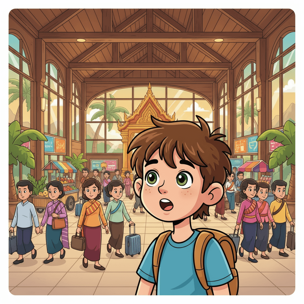 When Romain got to Thailand, everything looked so different! The buildings were colorful, the air was warm, and there were palm trees everywhere. Romain couldn't wait to explore his new home.