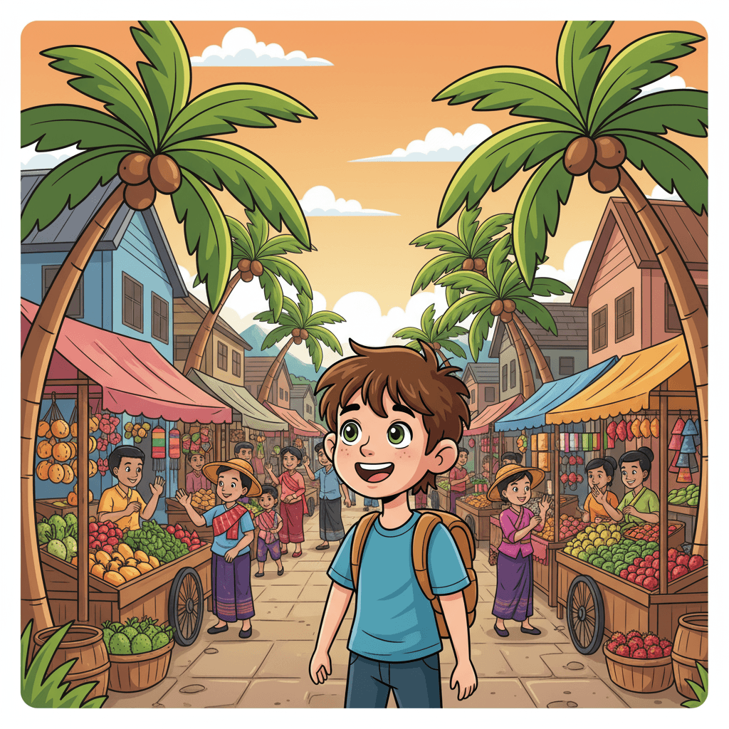 As Romain walked through the village near his new home, he saw so many amazing things. There were colorful shops selling delicious-smelling food, and people riding bikes and scooters down the streets. Romain made sure to wave and say 'hello' to everyone he passed.