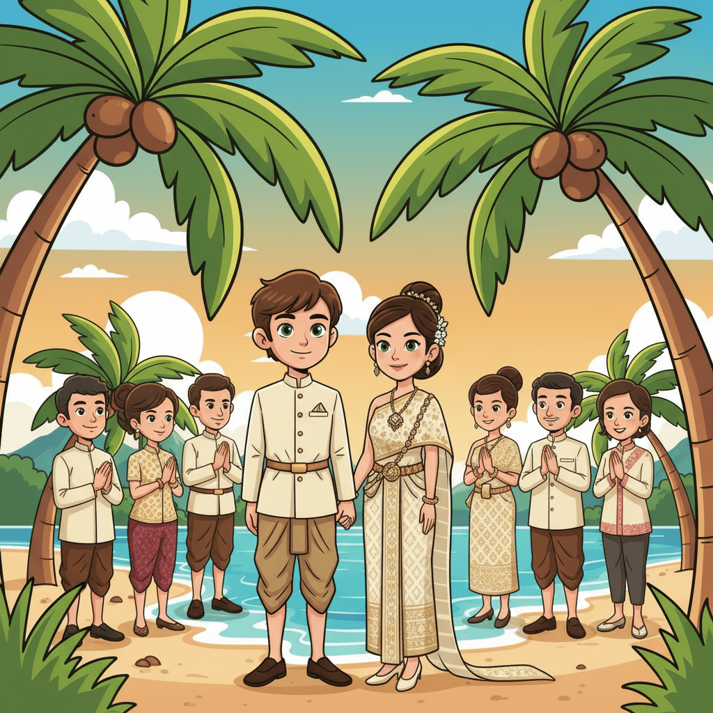 Years later, when Romain and Mei were both 25 years old, they decided to get married. Their wedding was a beautiful celebration, with all of their loved ones gathered on the beach to witness their special day. Romain and Mei were so happy to start their new life together on the island they had grown to love.