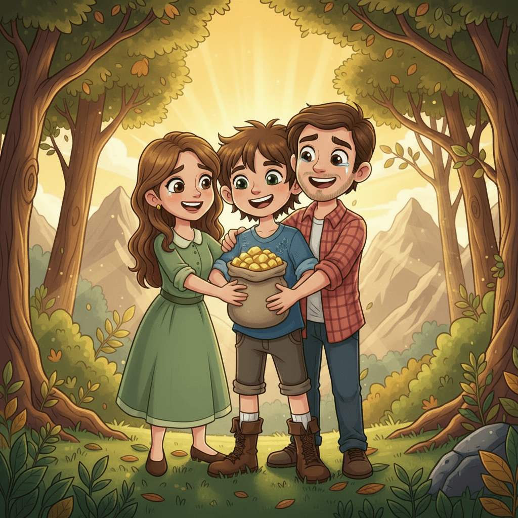 When Adam returned home, his parents were overjoyed to see him safe and sound. Even more incredible, he had managed to gather enough gold to fulfill his dream of buying them a beautiful chalet in the mountains. Tears of happiness filled their eyes as they embraced their brave, adventurous son.