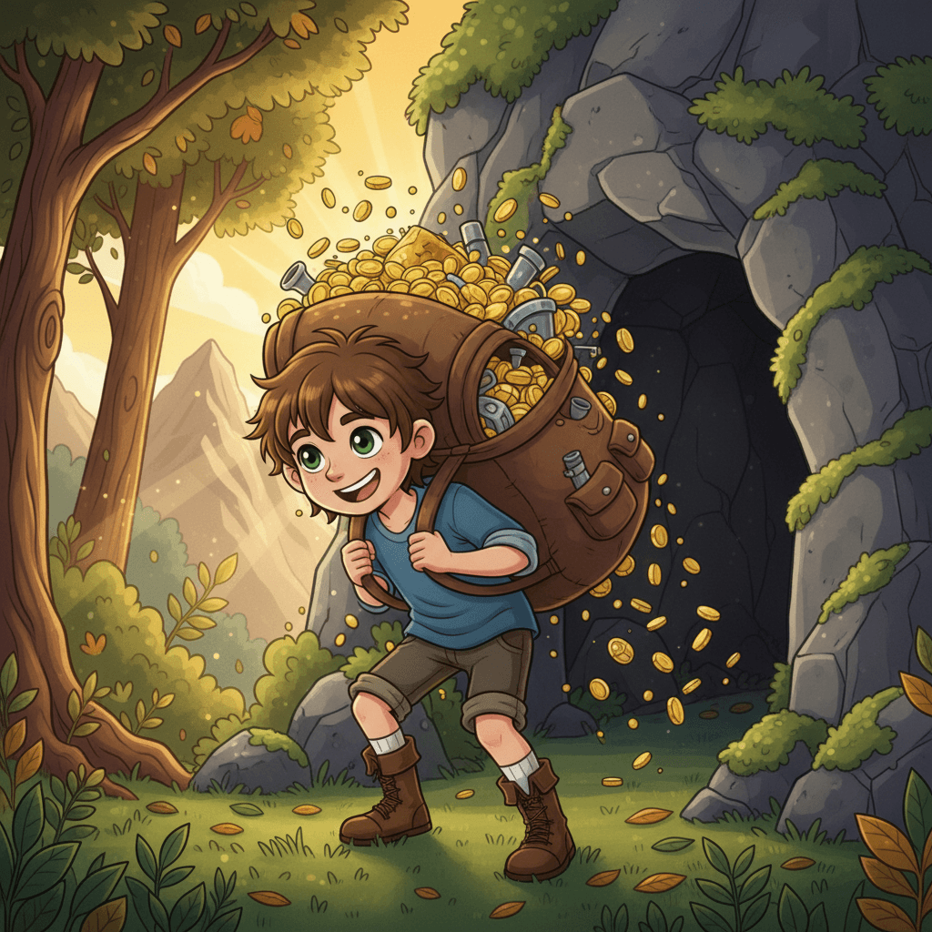 After what felt like hours, Adam finally emerged from the cave, his backpack now heavy with the weight of the gold he had collected. He couldn't wait to return home and surprise his parents with his incredible find.