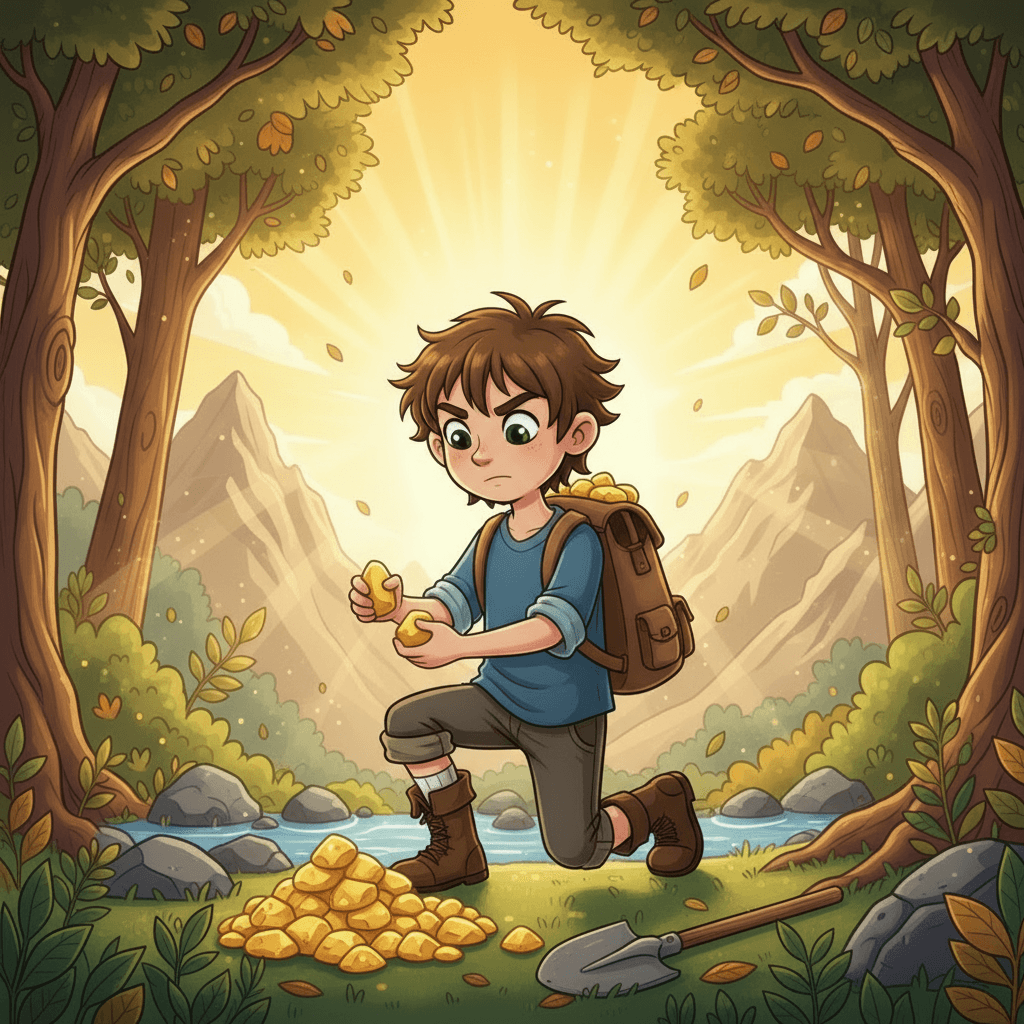 Overwhelmed by the unexpected discovery, Adam knew he had to act quickly. He began carefully collecting the gold nuggets and placing them in his backpack, determined to bring back enough wealth to fulfill his dream of buying his parents a beautiful chalet.
