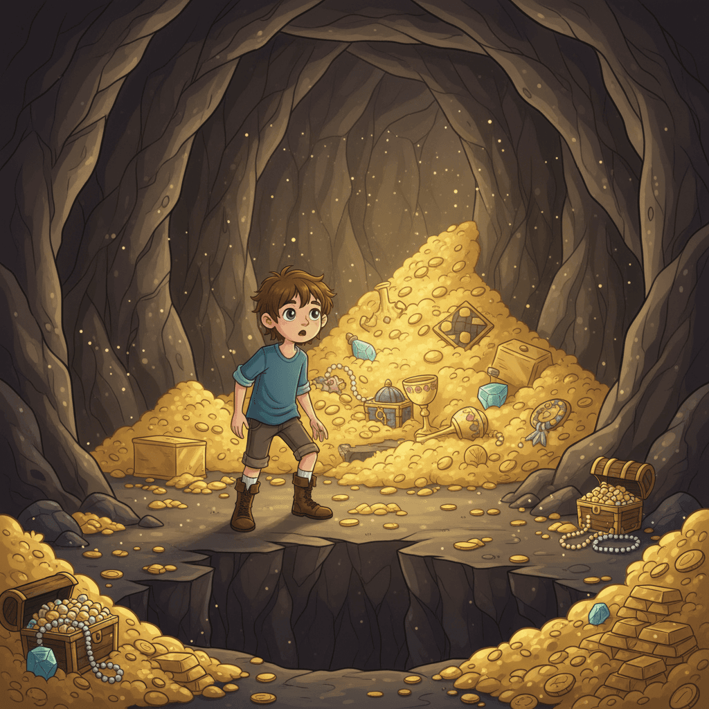 Curiosity getting the better of him, Adam ventured deeper into the cave. As he rounded a corner, he was greeted by a sight that took his breath away โ a vast underground chamber, filled with sparkling gold nuggets and glittering treasure.