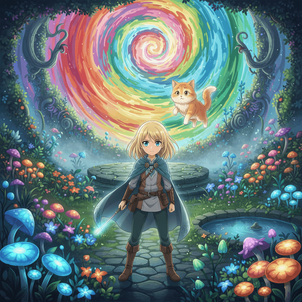 Finally, Lina made it through the tricky platform chamber. She found herself in a serene garden area, with glowing mushrooms and flowers lining the path. A small pond reflected the shimmering colors of the maze walls around her. Lina paused to catch her breath, hoping she was getting closer to finding her cat.