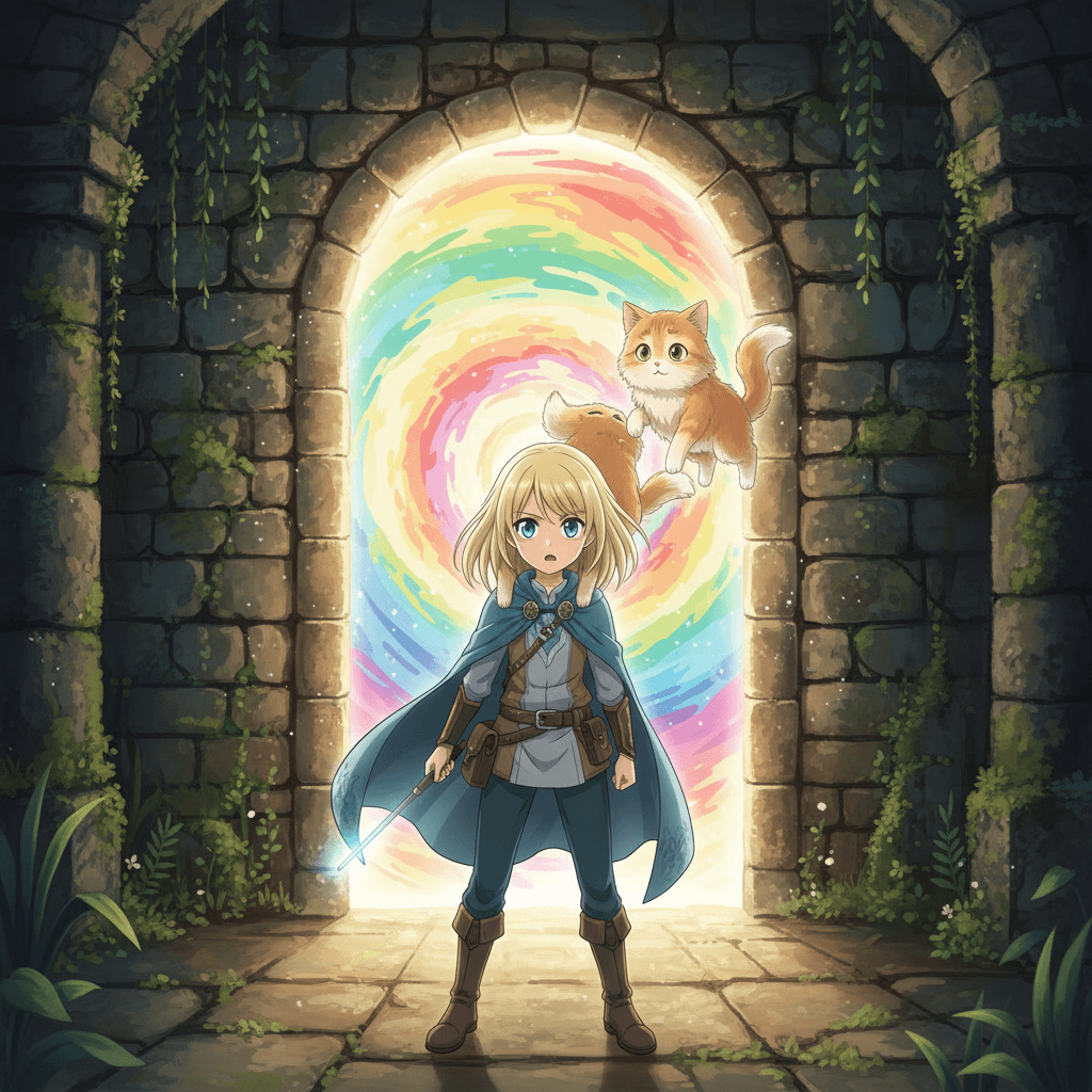 Relieved to have her cat back, Lina turned her attention to the chamber around her. To her surprise, a glowing doorway had appeared in the wall - it must be the exit from the maze. Lina smiled, ready to leave this magical adventure behind and return home with her beloved pet.